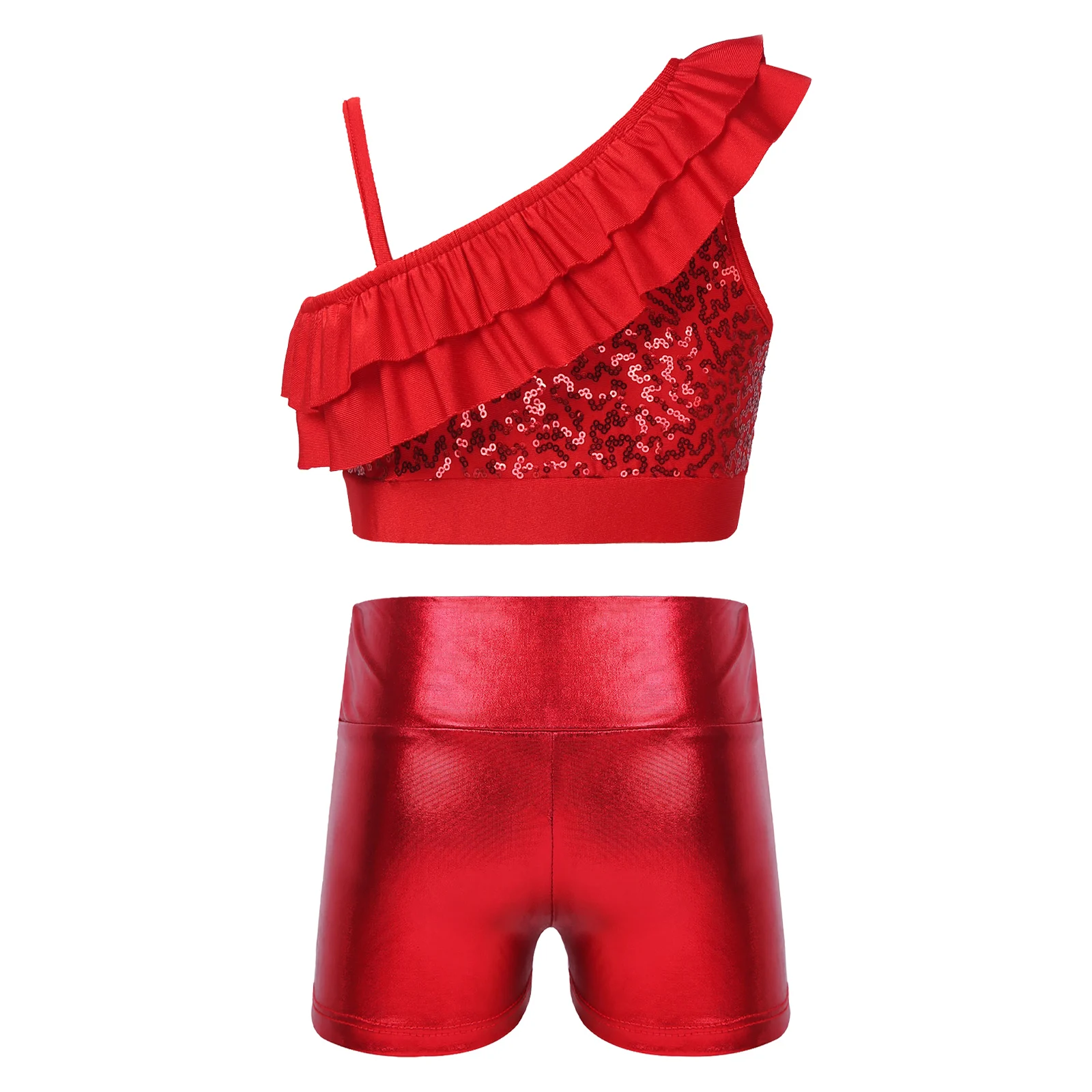 Kinder Meisjes Pailletten Een Schouder Ruches Crop Top Met Buit Korte Broek Gymnastiek Turnpakje Balletdans Tuimelende Trainingspakken