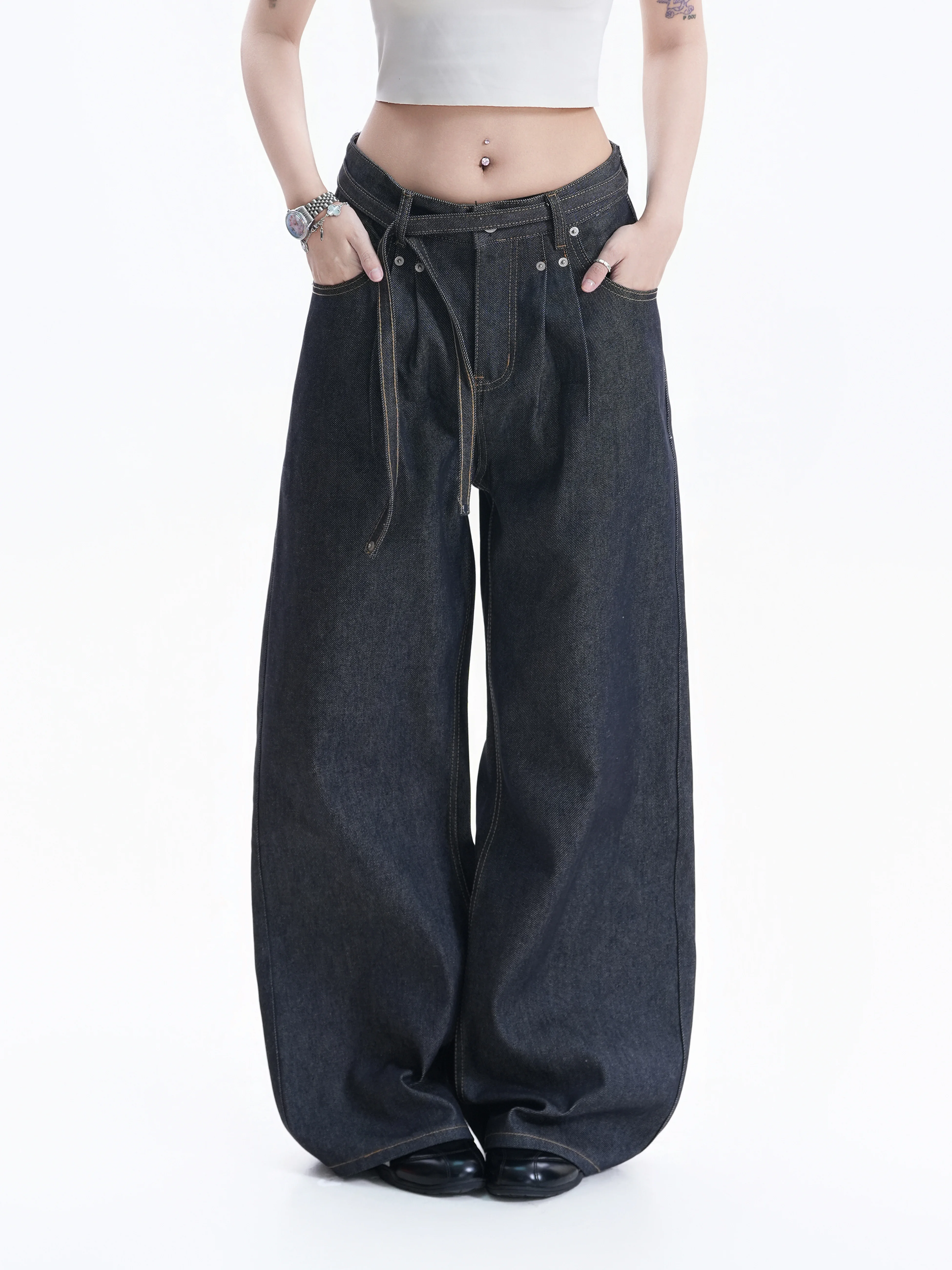 American Hot Girl Wide Leg Jeans Women Slimming Neutral Style Versatile Drapey Belted Floor-Length Pants Cotton Blend