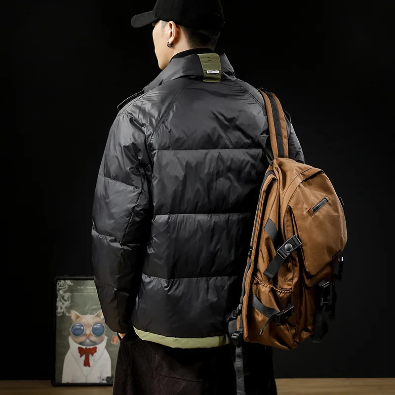 2025 الشتاء الرجال أسفل سترة رشاقته الدافئة التباين اللون الوقوف طوق الذكور ملابس خارجية سحاب أكمام طويلة فضفاضة معطف رجل غير رسمي #3