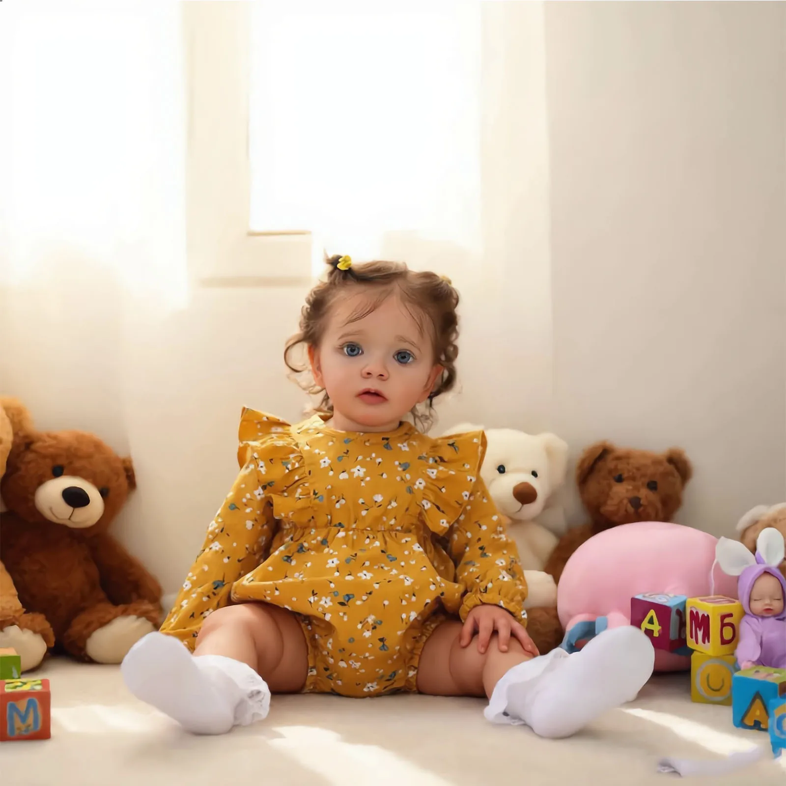 

22 Inch Reborn Baby Doll, Realistic Lifelike Newborn Girl Doll with Yellow Floral Outfit, Soft Vinyl Silicone Baby Doll for Kids Age 3+, Collectors & Role Play Gift Set