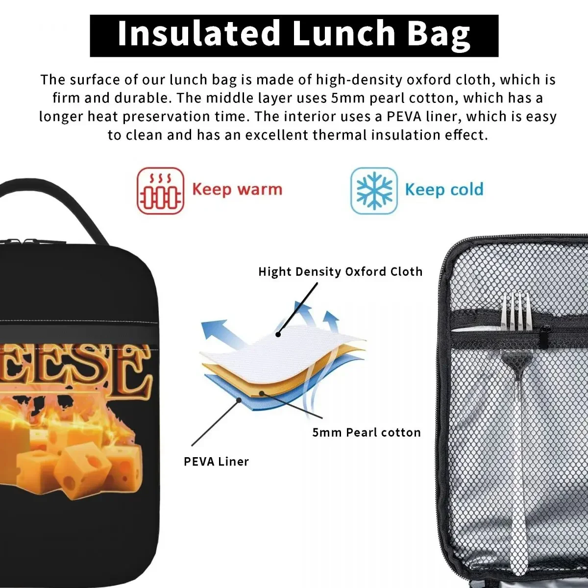 Cool Fire Cheese Insulated Lunch Bag Popular Cheese Meme Food Container Bags Reusable Cooler Thermal Lunch Box For Work