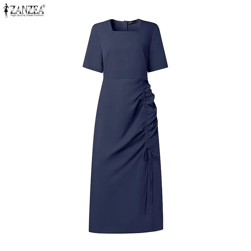 2026 ZANZEA Summer Sundress Stylish Women Maxi Long Dress Square Neck Short Sleeve OL Dresses Solid Drawstring Holiday Vestido