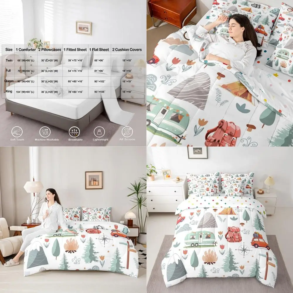 Twin Size Happy Camping Comforter Set with 7 Pieces, Botanical Flowers & Mountain Adventure Theme, Perfect for Travel and RV Use