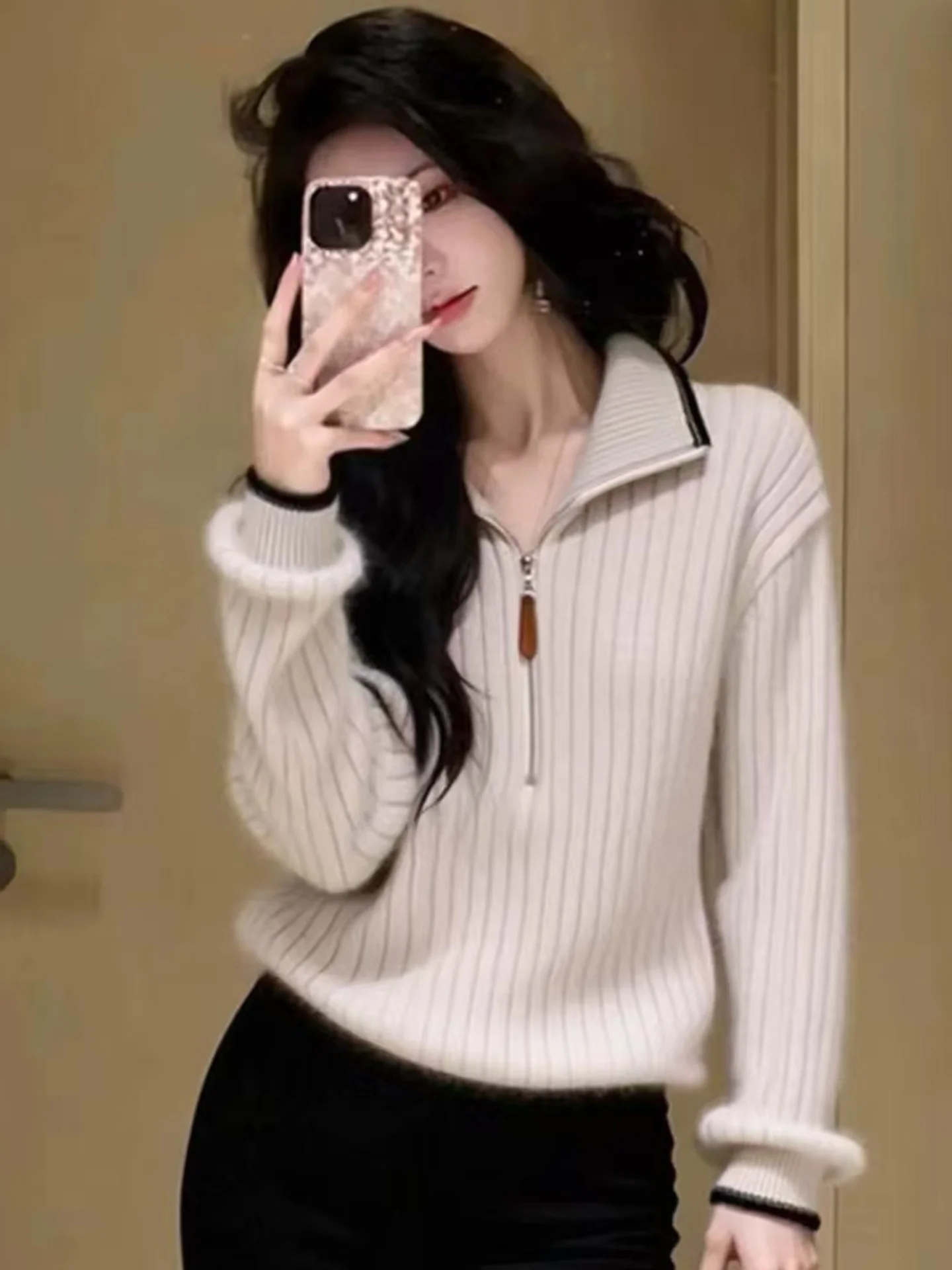 

Faionable Long Sve Camere Knitwear Winter 2025 Women's f Zipper Hooded Sweater Color Blo Design Commute Sle Loo...