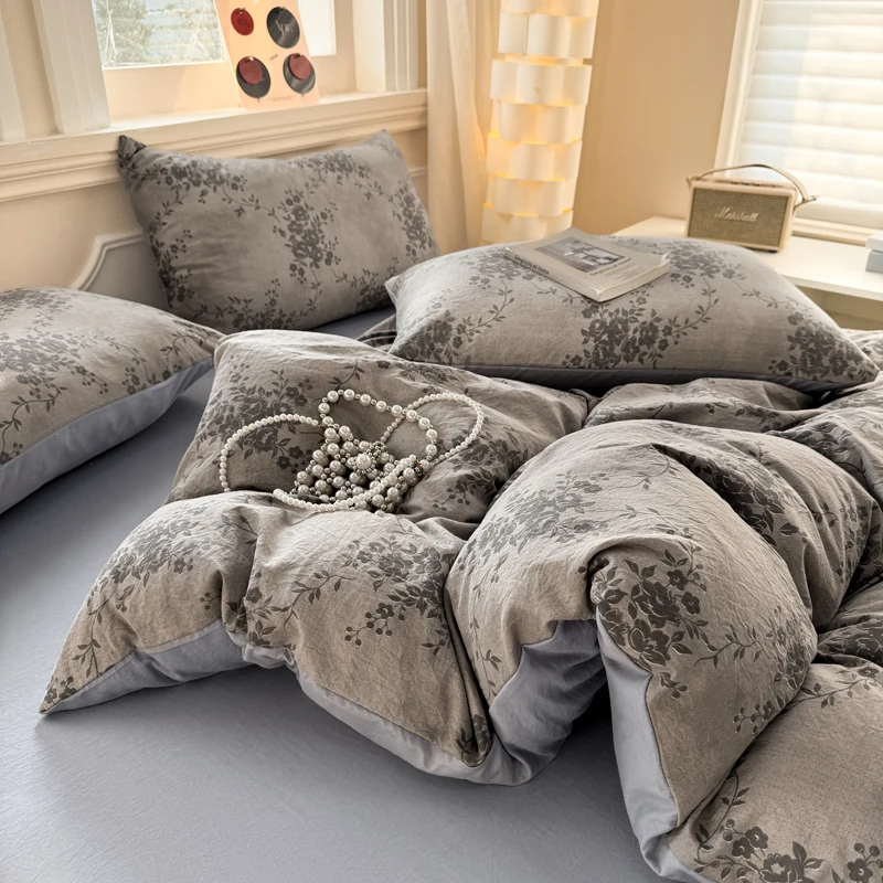 Ins Style Bedding Sets Korean Washed Duvet Cover Set Pillowcase Twin Queen Full Size No Filling Flat/Fitted Sheet Set Home Decor
