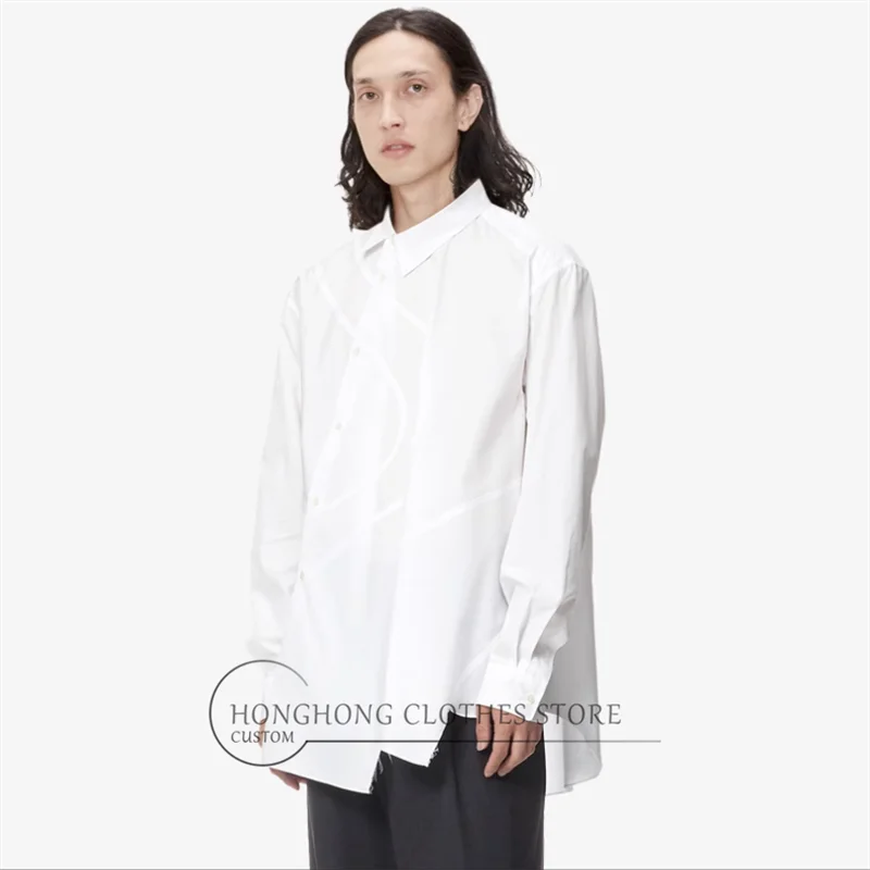 Original design Asymmetrical deconstruction dark irregular vertical cut wool edge pure cotton loose simple design shirt