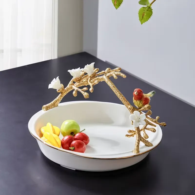 New European fruits plate ceramic candy plate for hotel villa home decor ornament fruit plate with bird gold rim