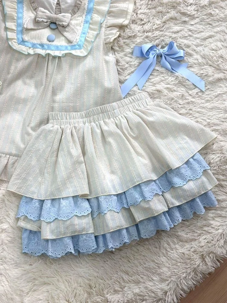 

Women's Sweet Lolita Set -Tiered Lace Ruffle Skirt & Peter Pan Collar Top, Bowknot Decor Vintage Kawaii Outfit for Spring Summer