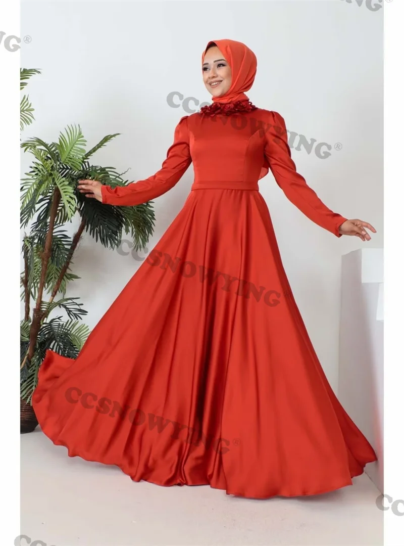 Red Satin Appliques Muslim Evening Dress Long Sleeve A Line Islamic Formal Party Gowns Arabic Dubai Women Robe De Soirée