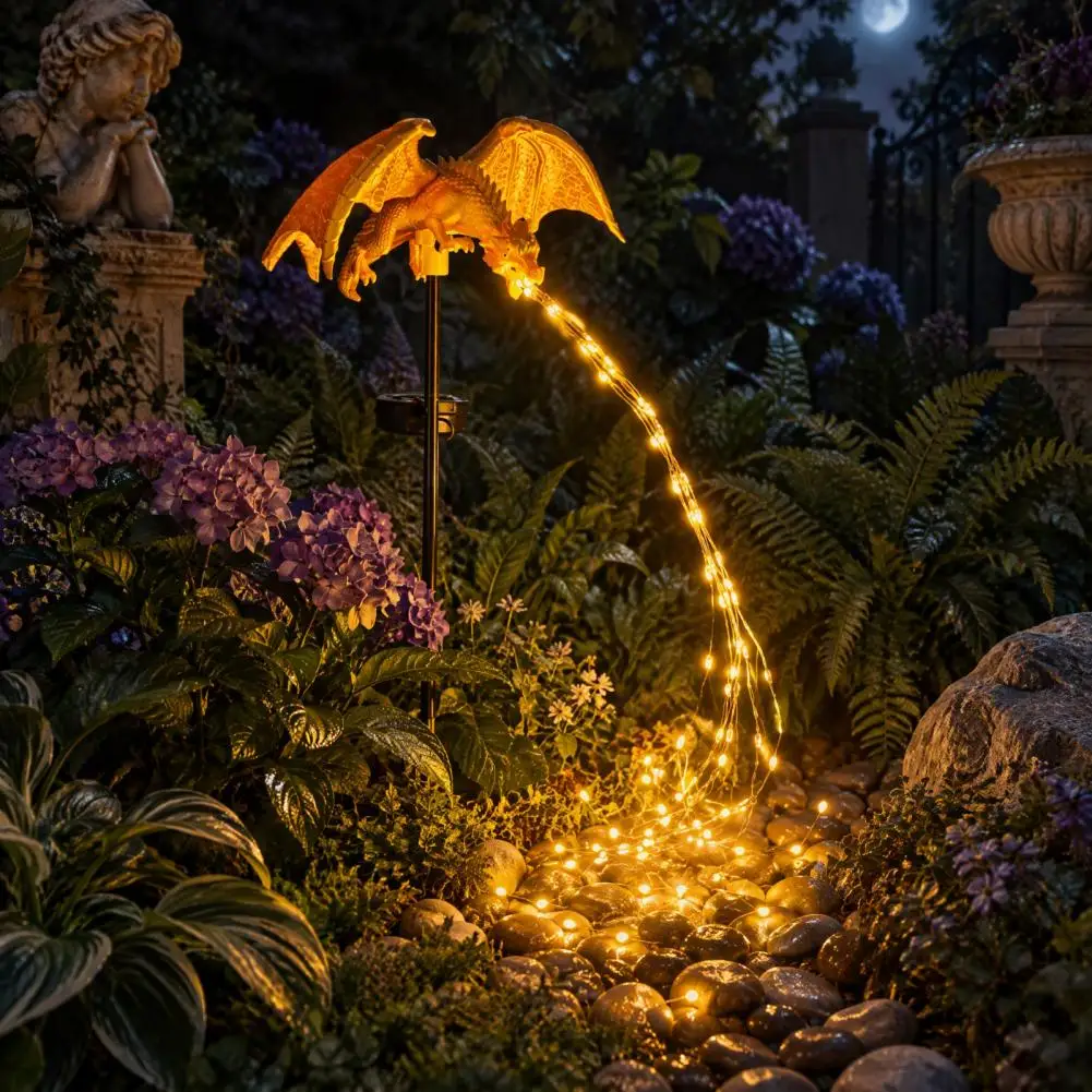 Weather Resistant Patio Ornament Solar Flame Garden Stake Light Solar Dragon Garden Stake Light Fire-breathing Resin for Yard
