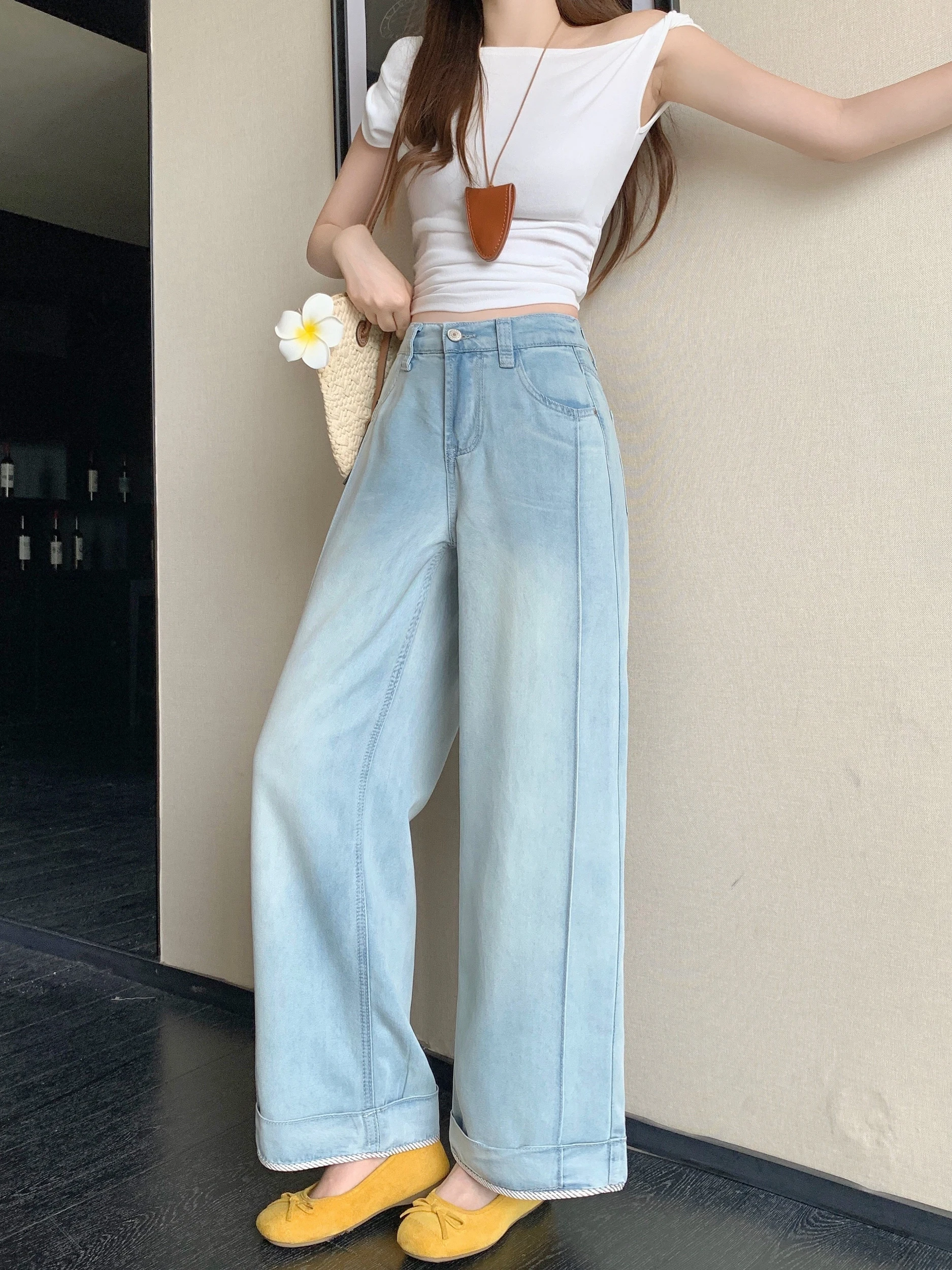 

High Waist Wide Leg American Style Jeans Women Summer Elegant Cuffed Loose Fit Vintage Straight Cut Nine Point Pants