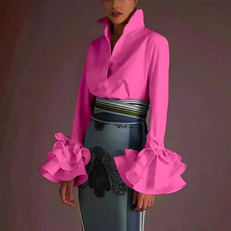 2025 Casual Shirts Simple Style Blouses Commuting Blouse For Woman Shirt Temperament Elegant Slim Solid Color Lotus Leaf Sleeves