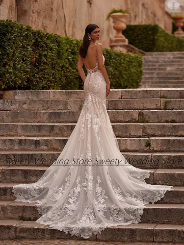 Imagen 2 del producto Vestidos de novia de encaje de lentejuelas de lujo, perlas, cuello redondo, apliques, tren de barrido, espalda abierta, champán, sirena, vestido de novia personalizado