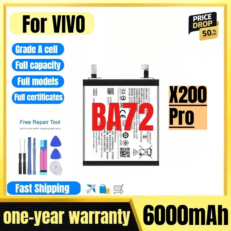 BA72 for VIVO X200 Pro Phone Battery 0 Cycle High Quality High Capacity Battery Replacement Bateria Grade A Cell with Tools