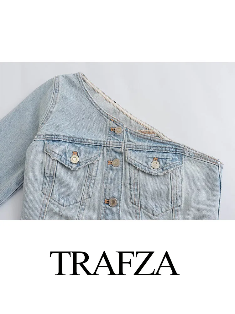 Imagem -05 - Trafza-tops Jeans Assimétricos de Peito Único Feminino Bolsos de Manga Comprida de um Ombro Streetwear Feminino Verão Moda