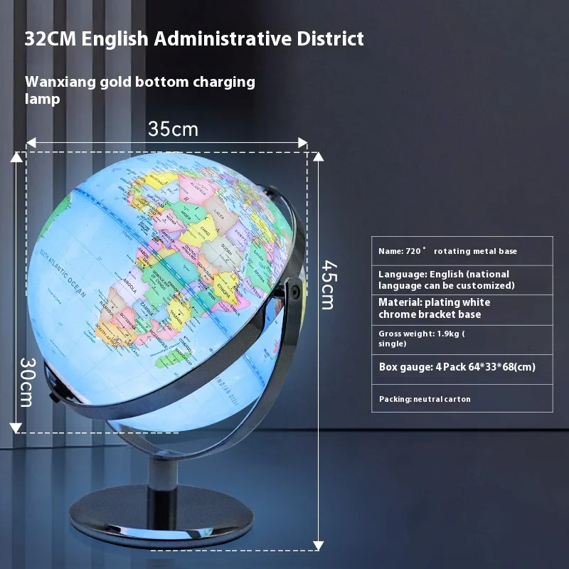 Luminous Globe Earth English World Map, Base de Metal Giratória, Material de Ensino de Geografia Estudantil, 360 °, 720 °, 20 cm, 25 cm, 32cm