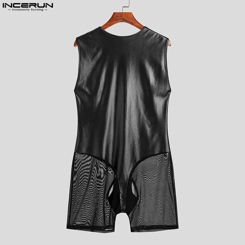 INCERUN 2023 New Men Sexy All-match Bodysuit Leather Patchwork See-through Thin Mesh Jumpsuits Stylish Flat Angle Homewear S-5XL