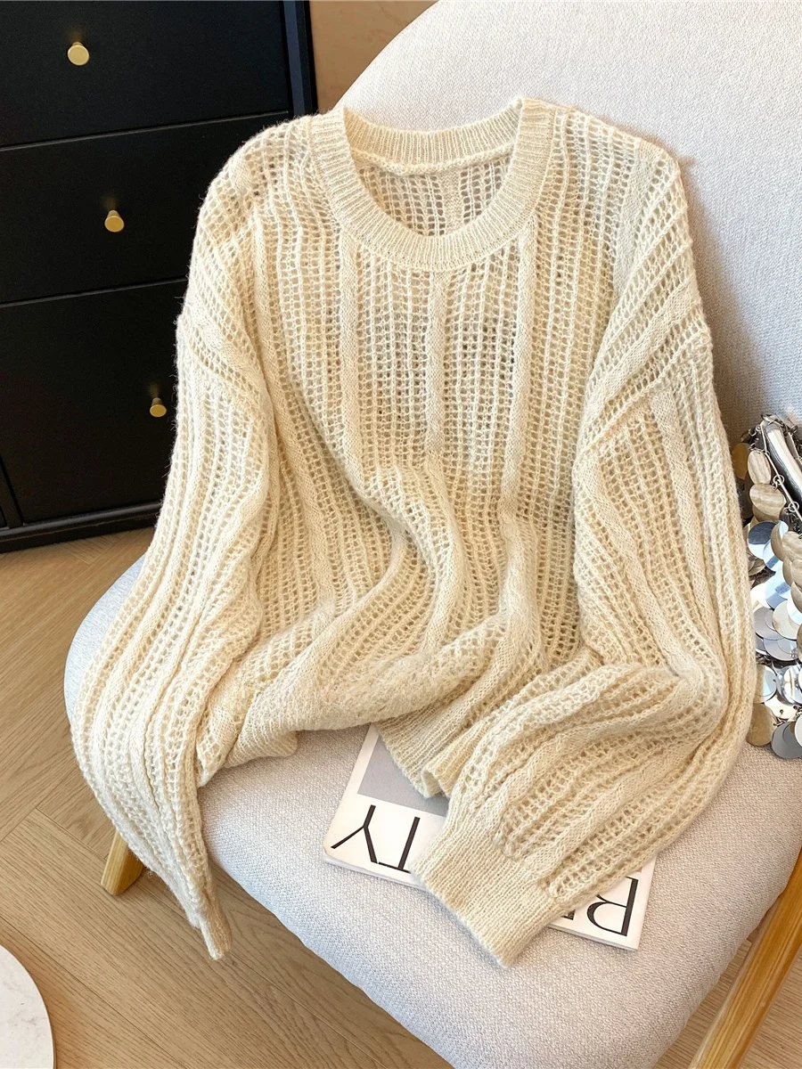 

Ladies' Lazy Style Loose Fit Long Sleeve Knitted Sweater round Neck Spring Autumn Casual Comfortable Versatile Polyester Fiber