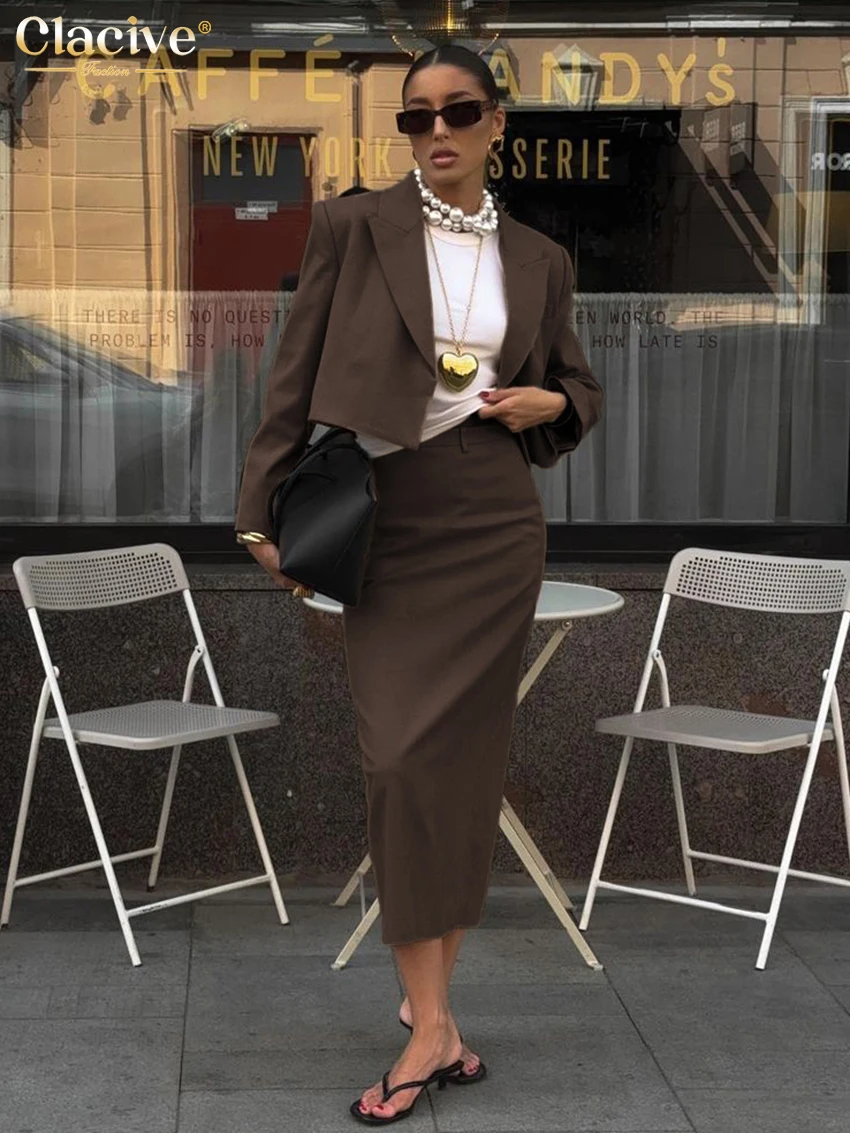 Clacive Fashion Loose Brown 2 Piece Sets Women Outfit 2025 Elegant Long Sleeve Crop Shirt With High Waist Midi Skirt Set Female