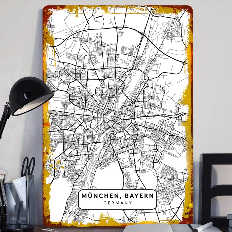 خريطة مدينة ميونيخ جدار معدني الفن بافاريا ألمانيا خمر الحديد اللوحة الزخرفية ديكور المنزل #2