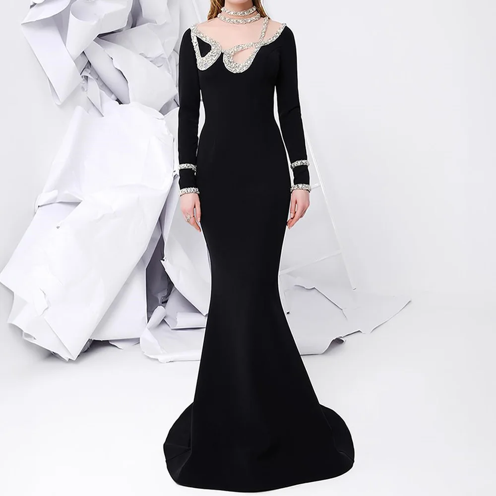 Mermaid Asymmetrical Off the Shoulder Satin Long Sleeves Elegant and Temperament Evening Gowns Crystal Pleats Saudi Arabia 2024