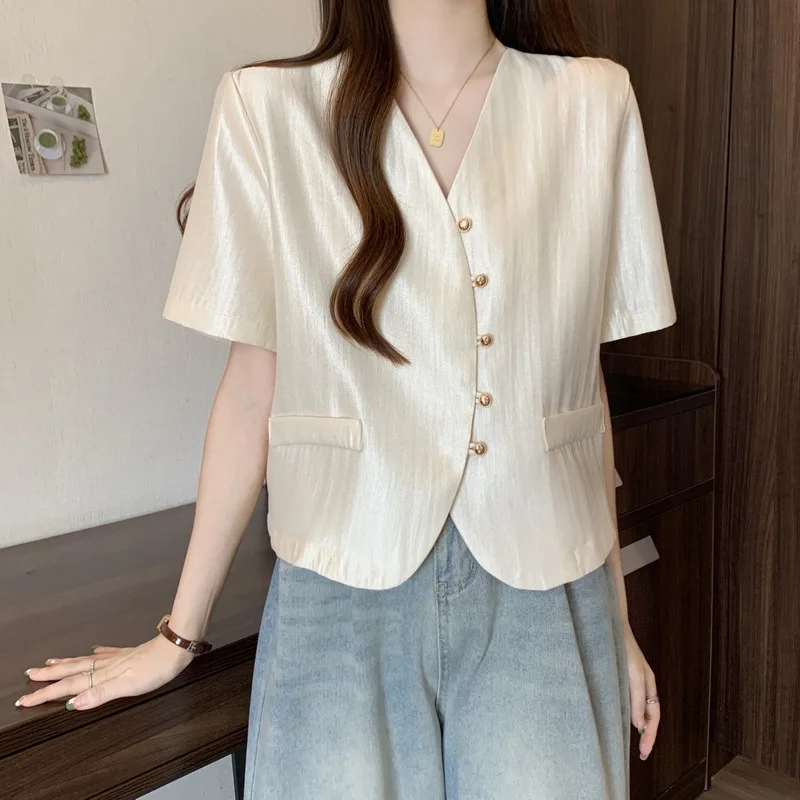 

French shoulder short sleeved shirt for women's summer oversized V-neck cardigan satin top harajuku