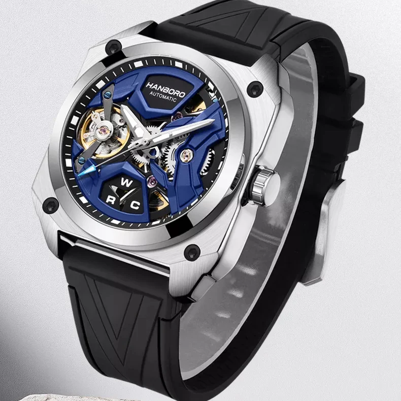 Hanboro relógio automático masculino 42mm relógios de luxo relógio de pulso mecânico luminoso caso quadrado esqueleto 50m pulseira de borracha à prova dwaterproof água