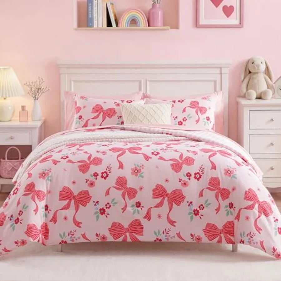 

Comforter Set for Girls Pink Bow Bedding Set with Cute Floral All Season Dorm Bed in a Bag 5 Pieces with Sheets Pillowcase and