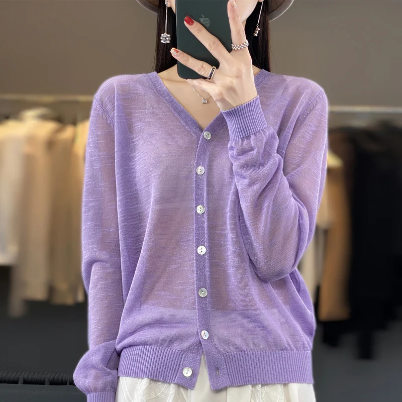 Summer Sunscreen Ice Silk Cardigan Women\'s V-Neck Long Sleeve Loose Knitted Top Solid Transparent Cardigan Air Conditioned Shirt