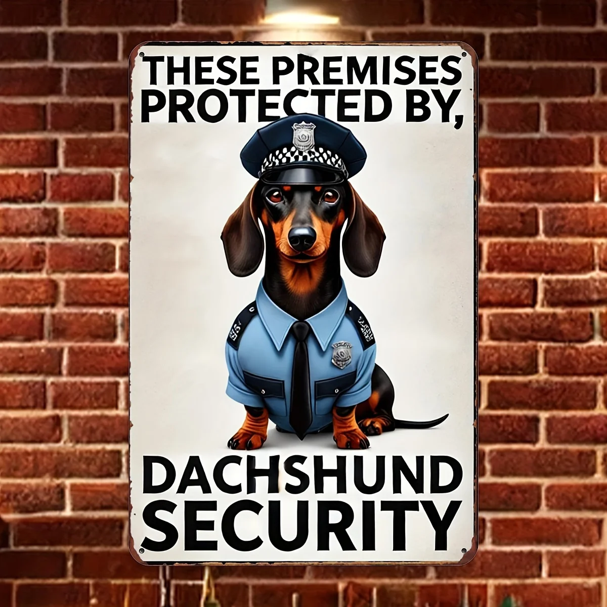 Vertikales Blechschild „Dachshund Security“ – Metall-Wandkunst für Zuhause, Bar, Café, Garagendekoration, dekorativ