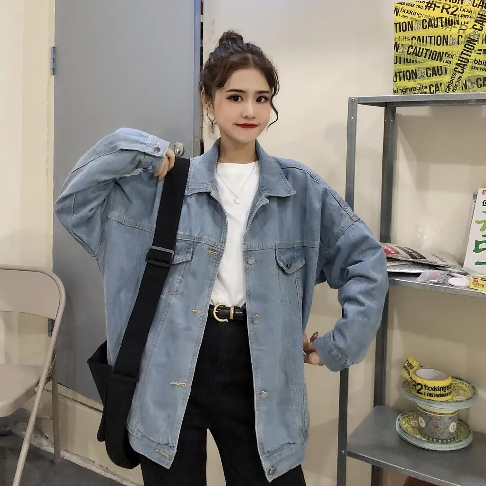 

Куртки женские Harajuku мешковатые корейские универсальные шикарные с отложным воротником джинсовое пальто для девочек популярная повседневная уличная одежда для колледжа Ins