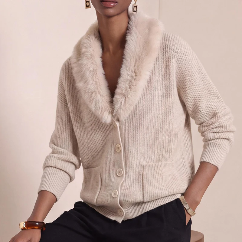 Women Faux Fur Collar Knit Tops Cardigan V Neck Long Sleeve Button Pockets Loose Warm Knitted Sweater Coat Fall Winter Outerwear