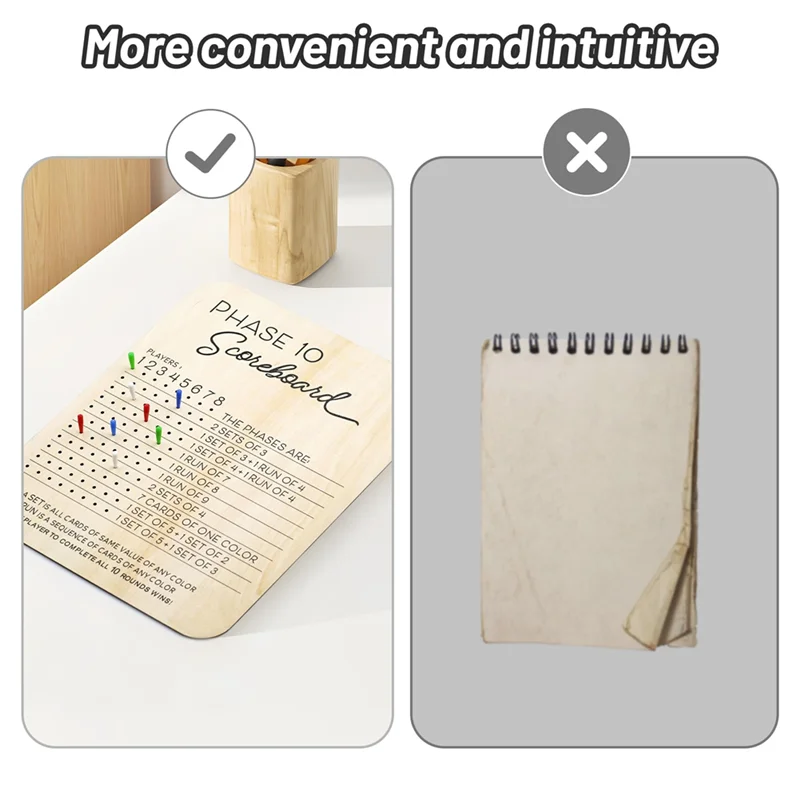Tabellone segnapunti CYGJ-Phase 10 in legno, per giochi da tavolo per adulti per feste per giochi di carte con 8 picchetti colorati, tabellone segnapunti fase 10