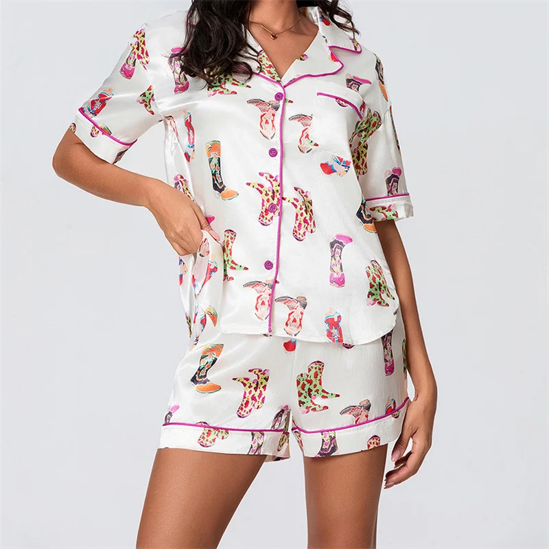 Print Y2k Silk Pajamas for Women Satin Cozy 2 Piece Printed Preppy Pjs Shorts Set Matching Pj Aesthetic Pajamas Shirts Sets