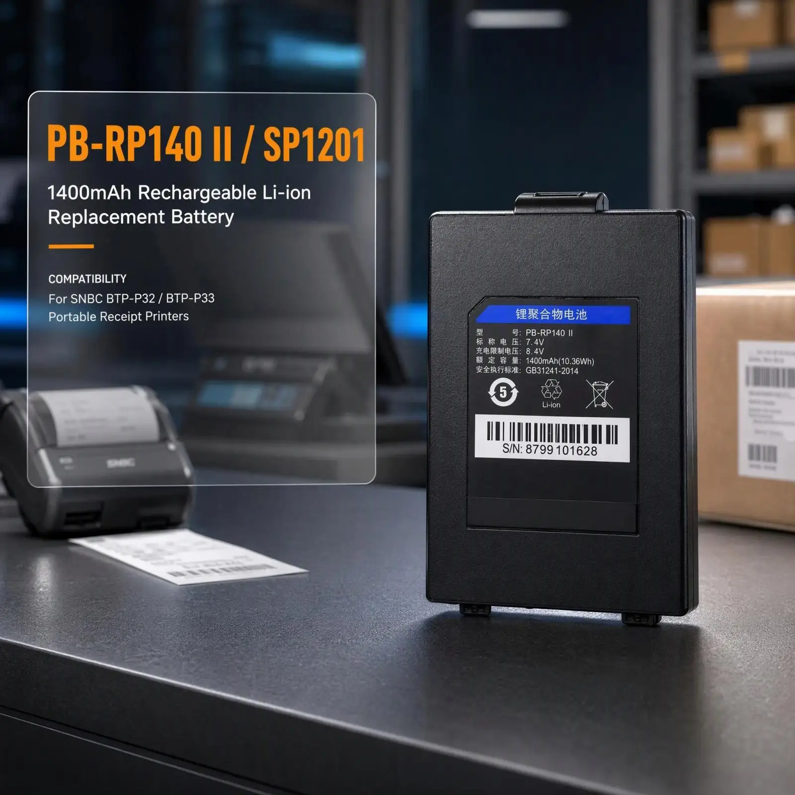 PB-RP140 II SP1201 1400mAh Rechargeable Li-ion Replacement Battery For SNBC BTP-P32 BTP-P33 Portable Thermal Receipt Printer
