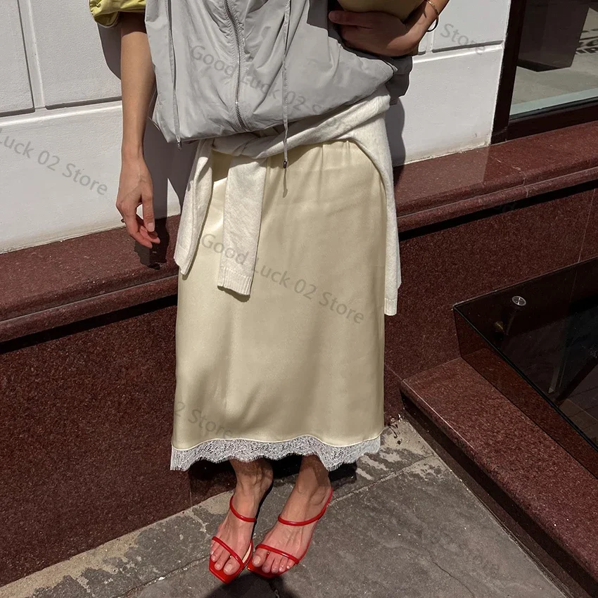 

2025 Элегантные атласные кружевные юбки до середины икры, женские абрикосовые уличные шикарные прямые длинные юбки, летние повседневные юбки на шнурке, осень 2023 г.