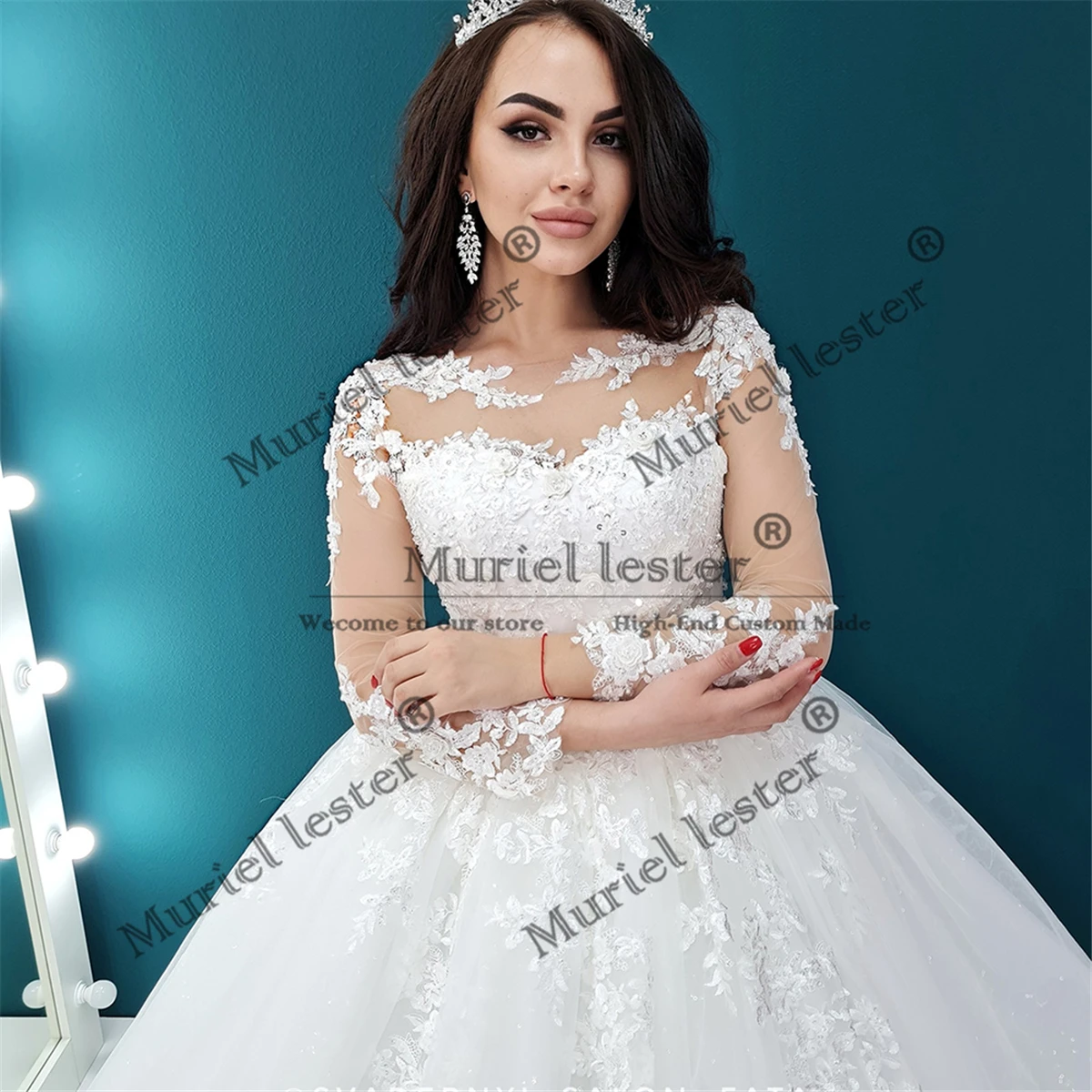 공주풍 볼 가운 웨딩드레스, 신부용 O넥 레이스 아플리케 브라이덜 가운, 맞춤 제작 긴팔 드레스, 웨딩드레스