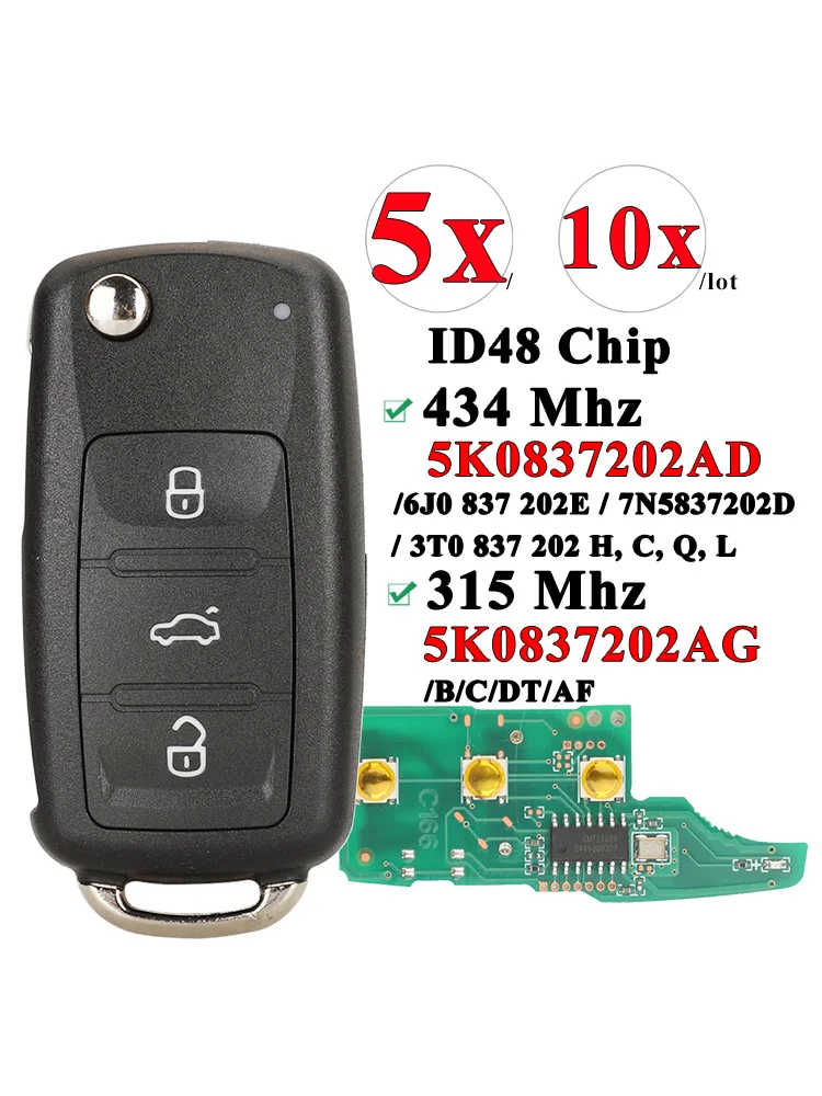 Jingyuqin 5/10X für VW Polo Sedan Golf 6 Passat B6 Volkswagen Touran Bora 5K0837202AD 315434Mhz ID48 Fernbedienung Klappbarer Autoschlüssel