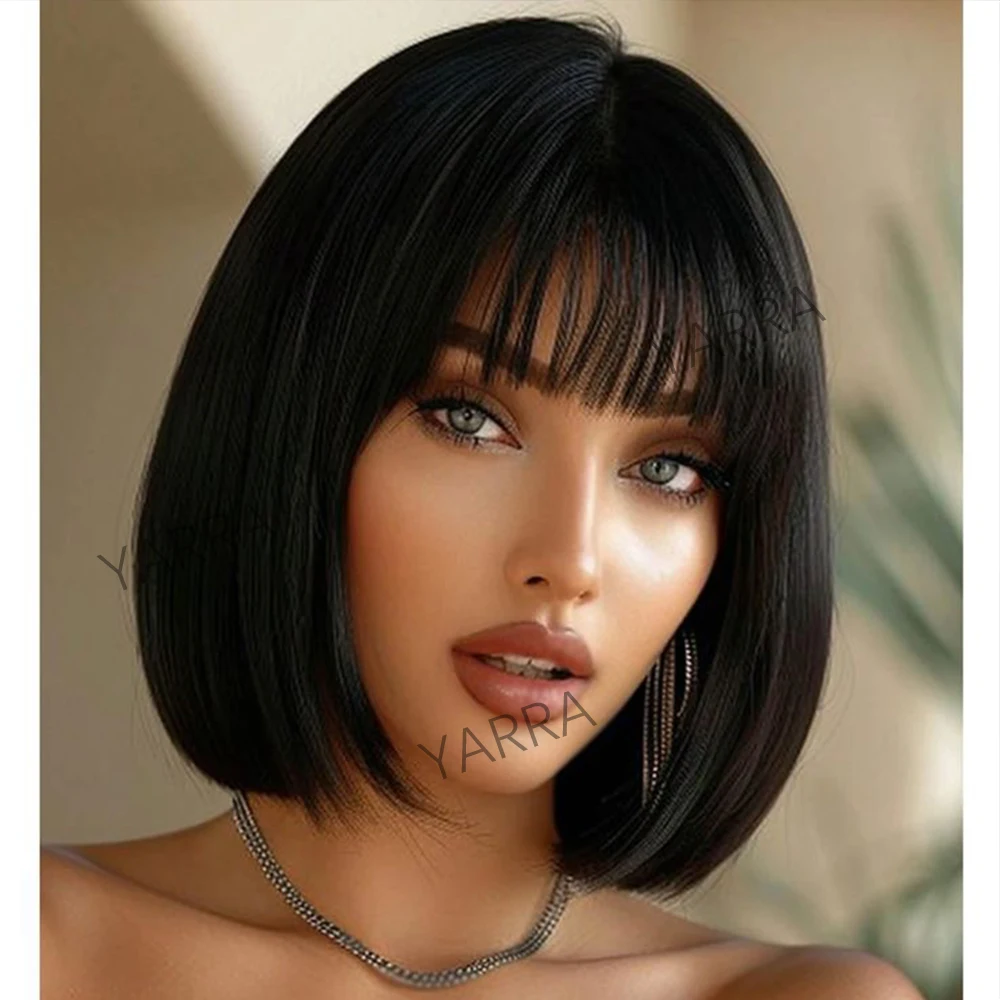 Yarra Straight Wig Bob Wigs Full Machine Made Bone Straight Human Hair Wigs With Bangs Short Bob 100% Human Hair Wigs For Women