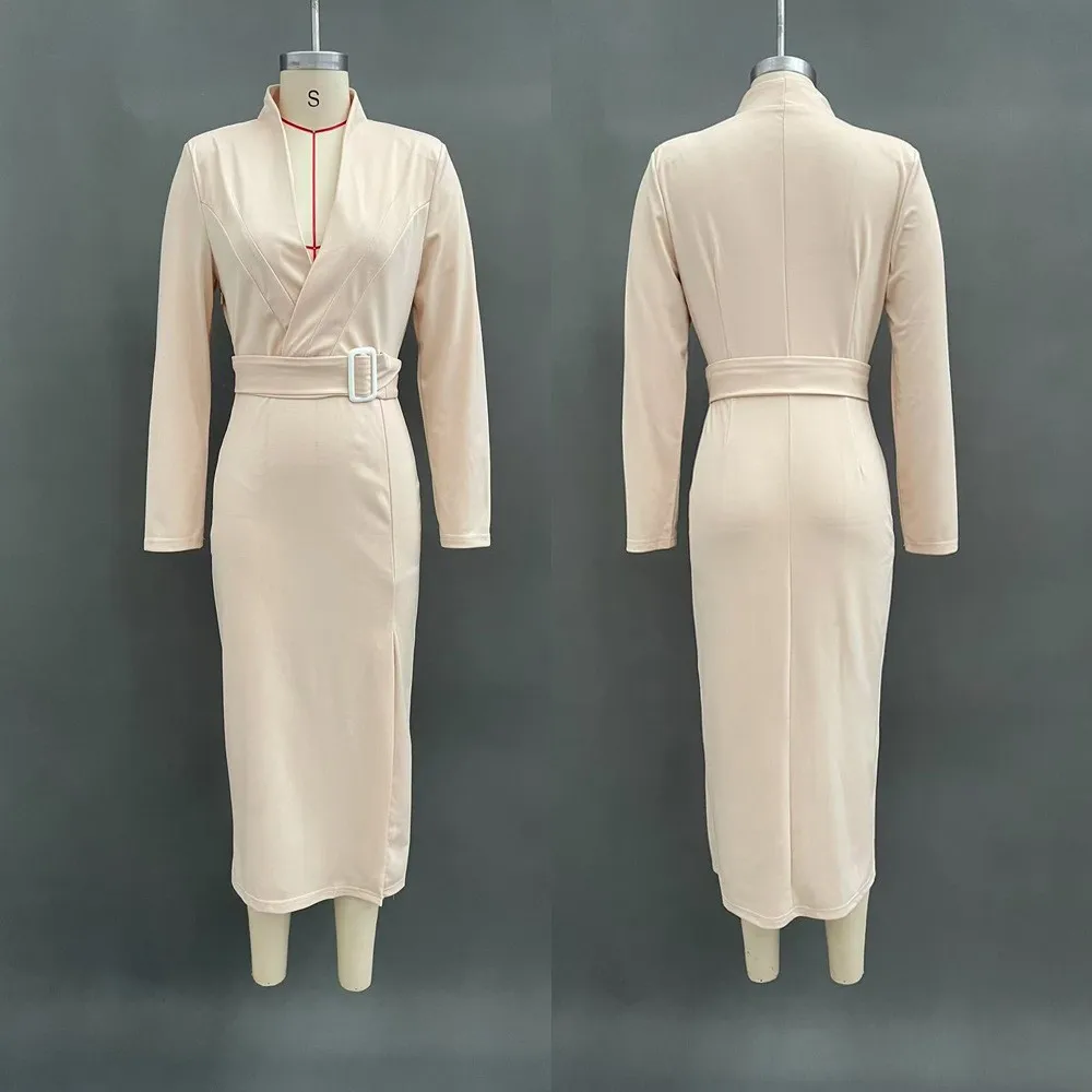 Herbst Temperament V-ausschnitt Schlank anliegende Mid-länge Hüfte-umarmt Schlitz frauen Kleider Mode High-neck Elegante weibliche Büro Kleid