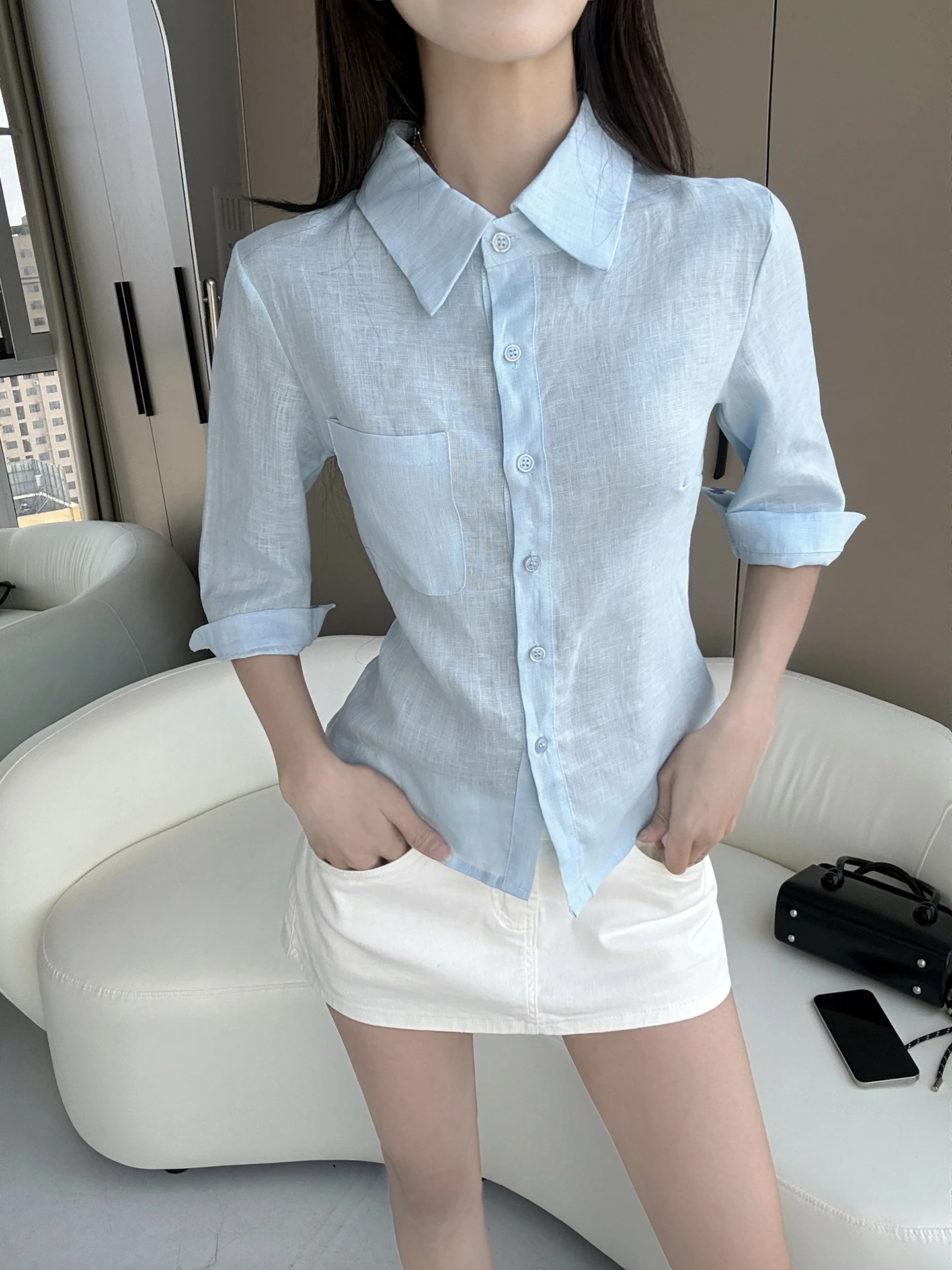 

Elegant Long Sleeve Slim Fit Shirt Women's Summer Top Fashionable Waist-Cinching French Style Linen Blend Business Casual Blouse