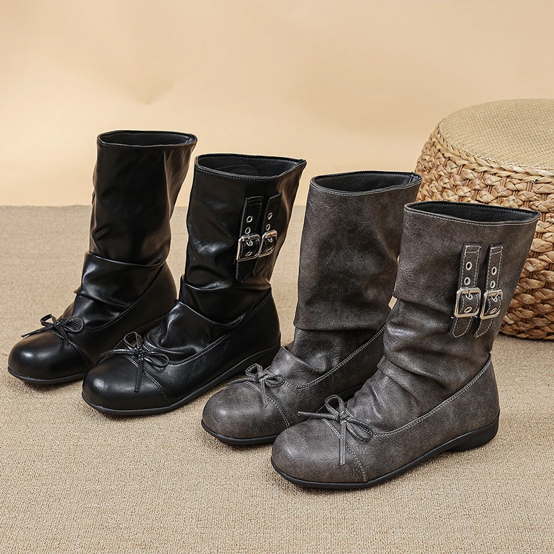 Korean Butterfly-knot Women's Mid Calf Boots Double Buckle Strap Flat Shoes Round Toe Pleated Casual Daily Short Boots