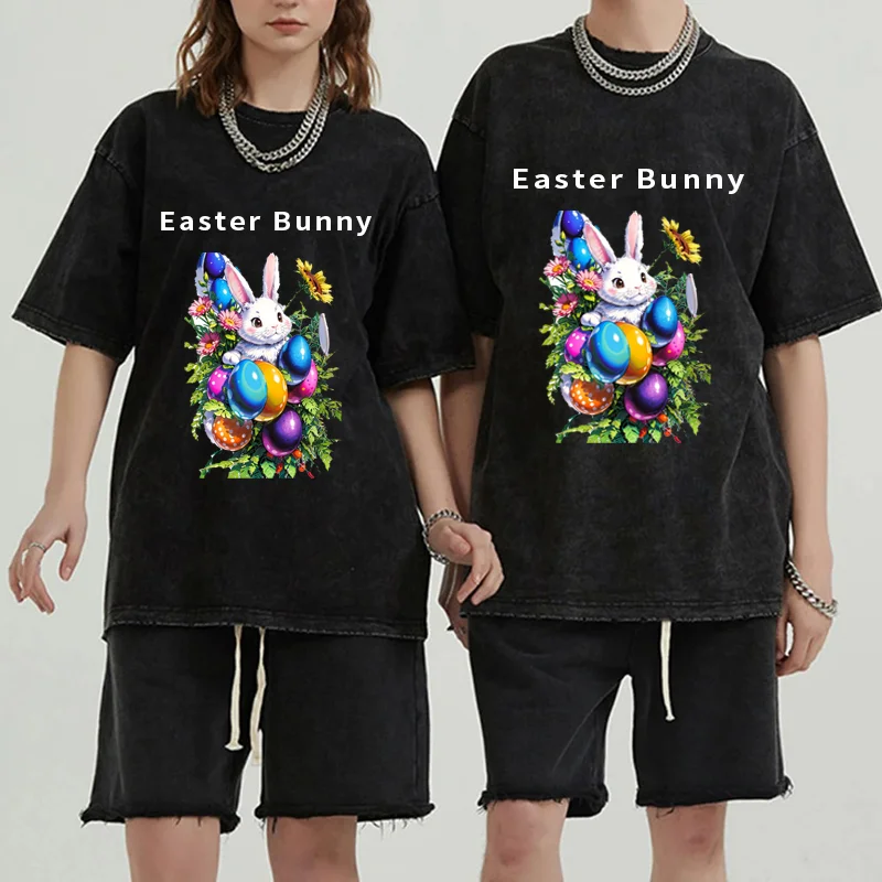 2024 New Easter Bunny T-shirt Men Harajuku Fashiontop Sport Washed Cotton T-shirt Streetwear Clothing Oversized Tshirt  ﻿