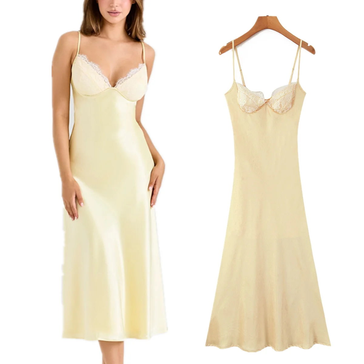 

Jenny&Dave French Vintage Elegant Satin Dress With Lace Splicing Strapless Midi Dress Long dress,Vestidos Woman Clothes Tops