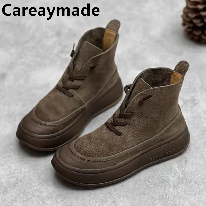 Careaymade-Genuine leather short boots Spring manual thick soled women\'s boots Cowhide wool Casual boots Oversized shoes 35-42