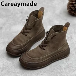 Careaymade-Genuine leather short boots Spring manual thick soled women's boots Cowhide wool Casual boots Oversized shoes 35-42