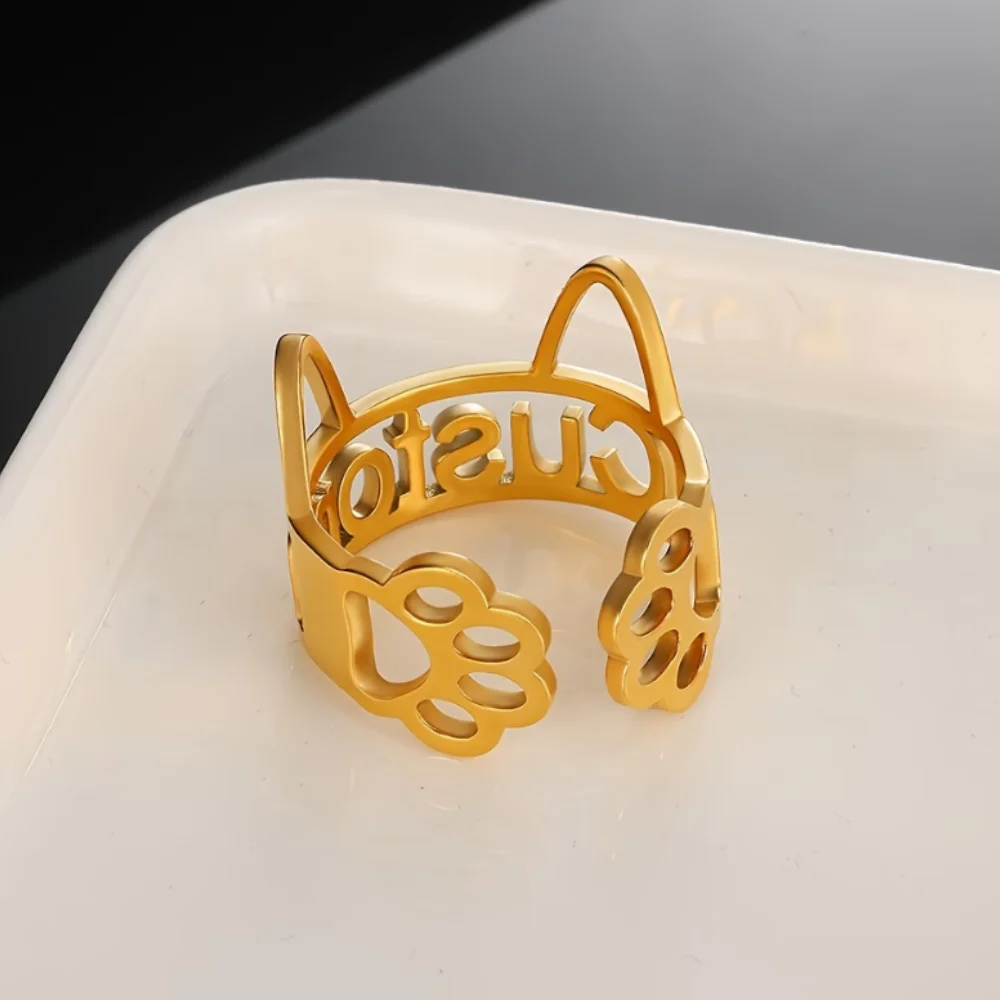 Custom Cat Ear Open Ring, Personalized Hollow Cat Paw Adjustable Ring, Stainless Steel Animal Statement Ring for Women