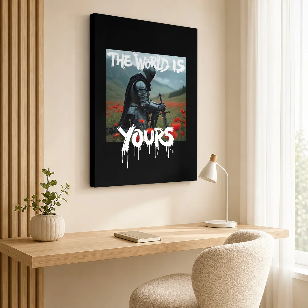 The World Is Yours - Black Knight in Red Flower Field Canvas Poster Customized Botanical Floral Canvas Wall Art for Office Decor