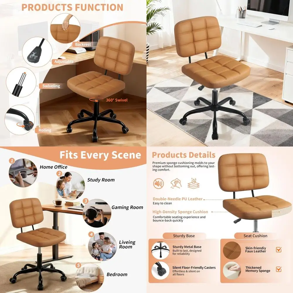 

Compact Swivel Desk Chair with Adjustable Height and PU Leather Seat - Brown