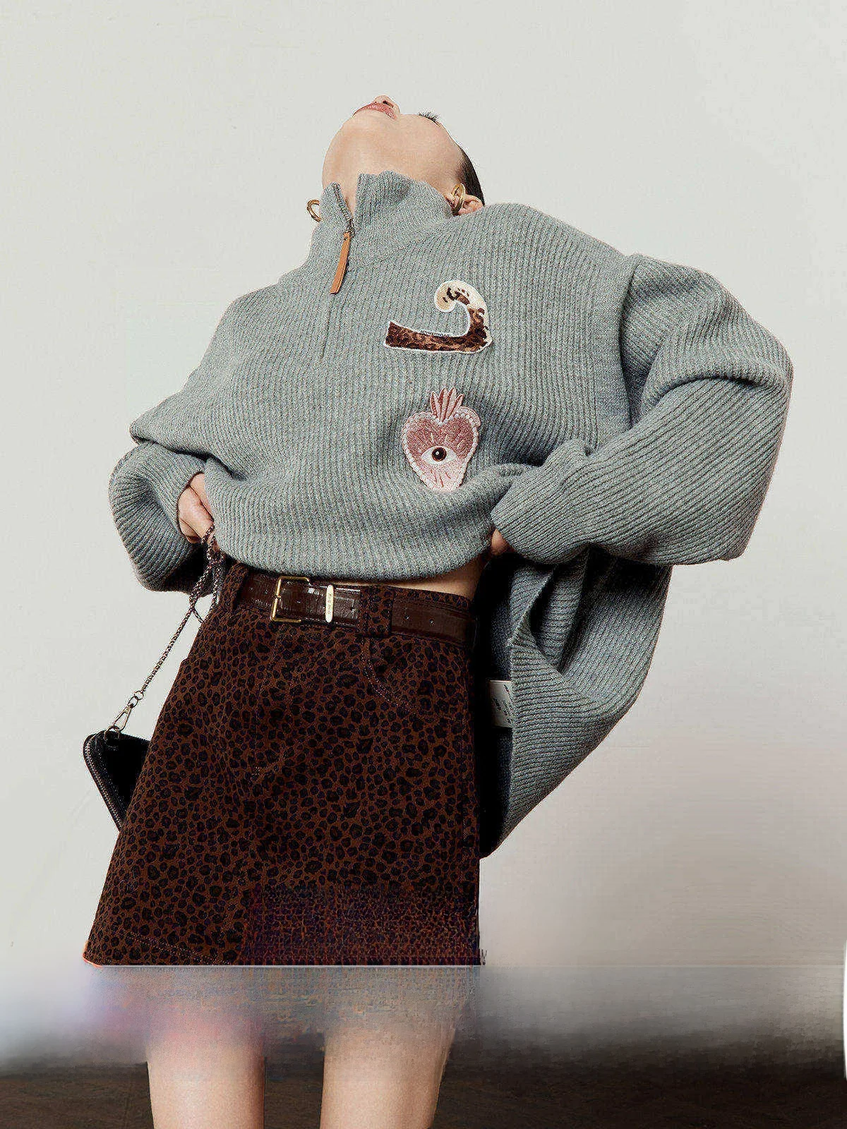 

Zhou Li Wu Flower ey Knitted Loose Women's Sweater Spring 2026 Stand Collar Lazy Sle Long Sve Thermal Comfortable Top